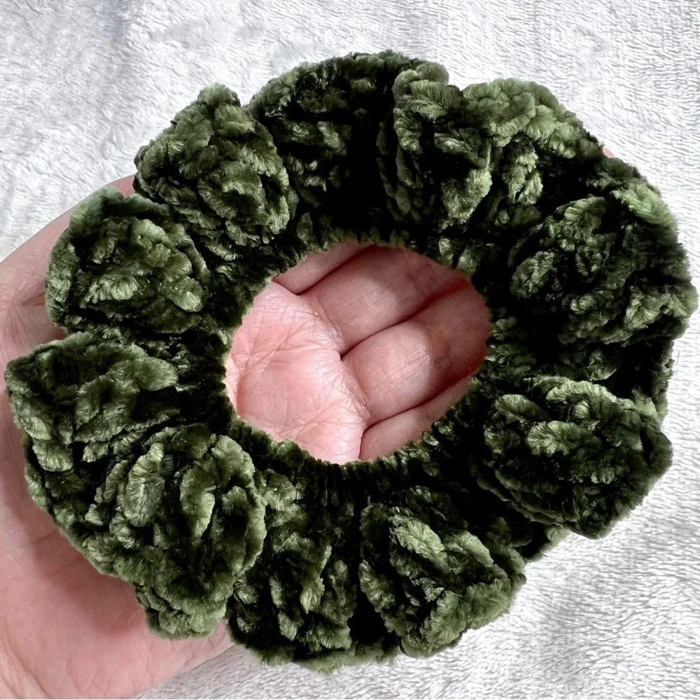 Handmade Crochet VELVET Hunter Green Large Hair Scrunchie PinkRainCloud